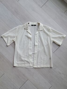 Fashion Nova Cream Short Sleeve Button-Down Shirt